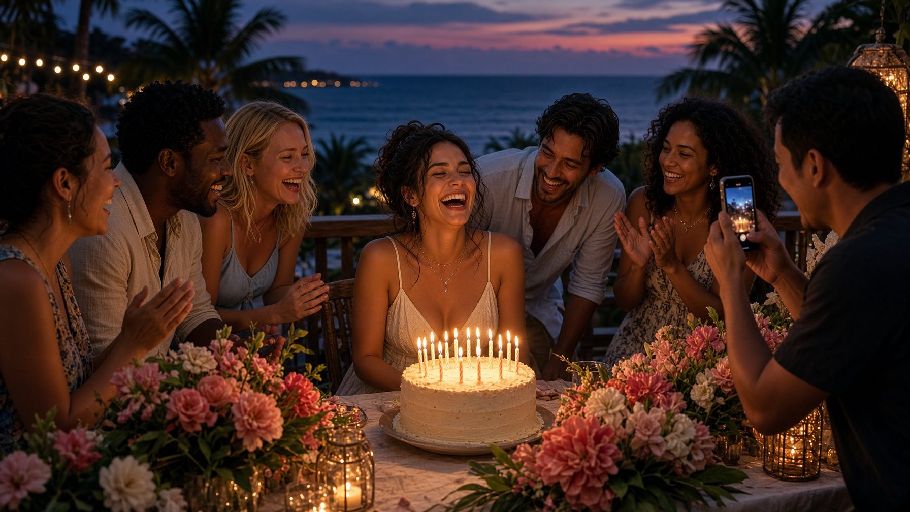 Private villa celebration with cake and lanterns at twilight