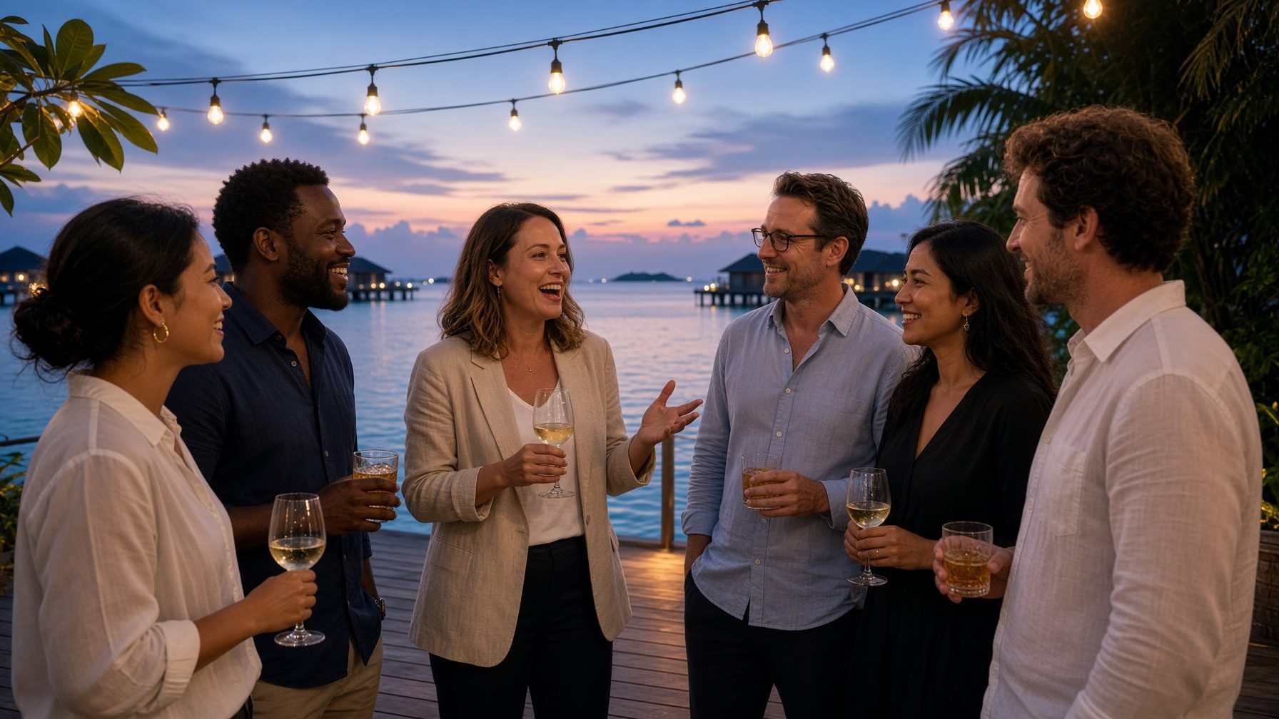 Outdoor corporate dinner under palms and string lights