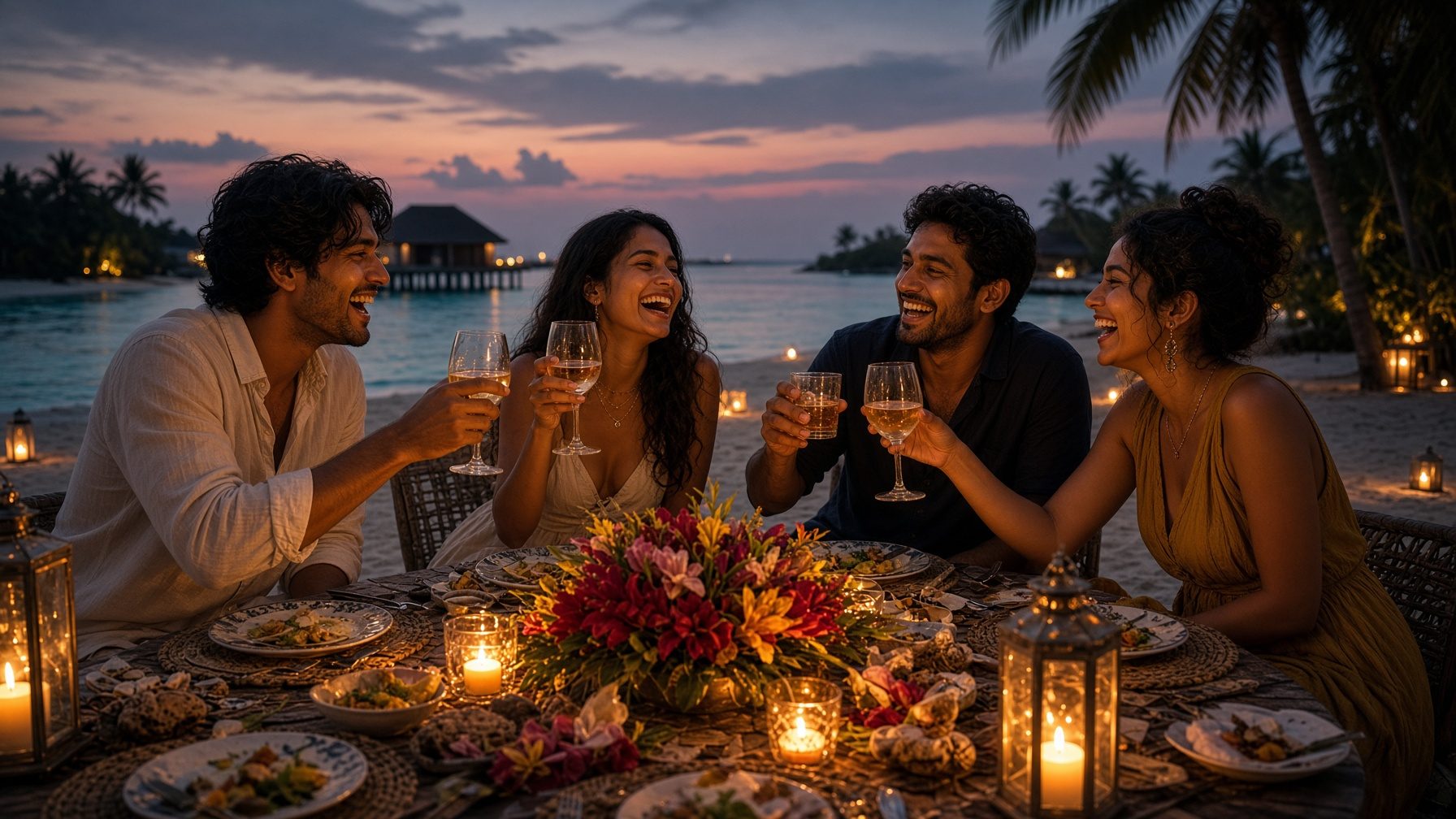 Candlelit dinner table on a Maldives beach at dusk