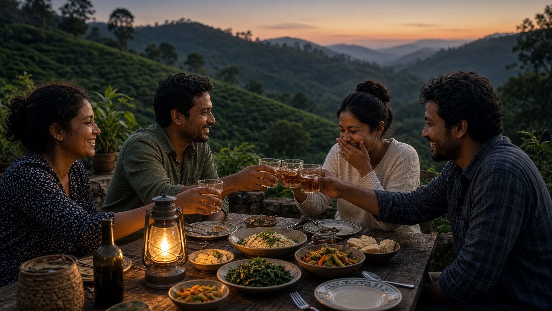 Candlelit dinner on a Sri Lankan tea plantation terrace