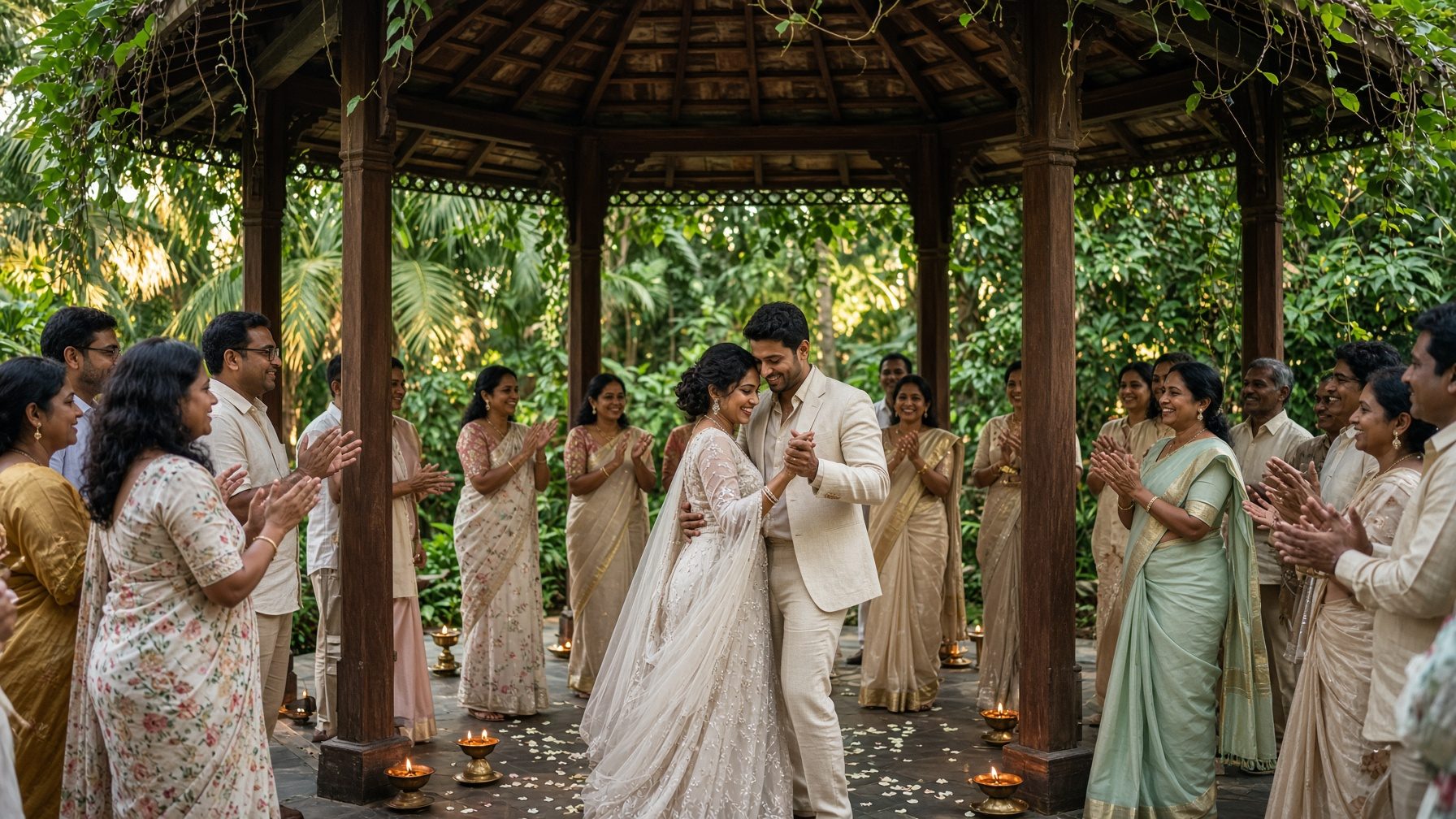 Garden wedding pavilion in Sri Lanka with floral arch and oil lamps