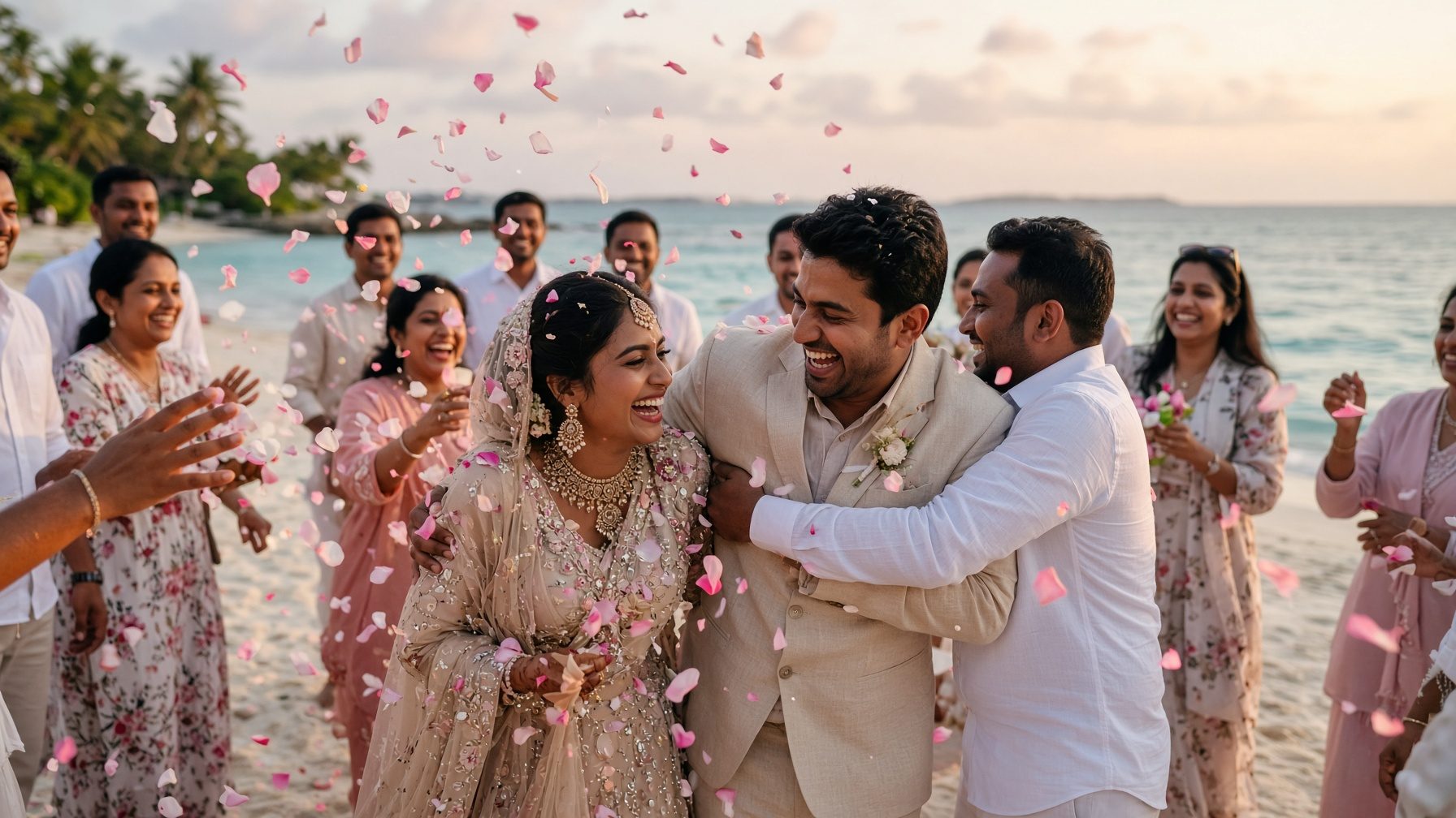 Floral wedding arch on a Maldives beach