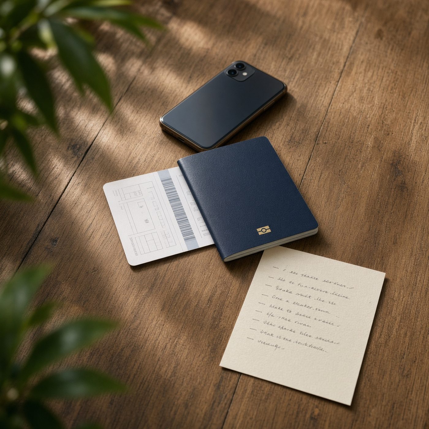 Travel documents and itinerary arranged on a desk