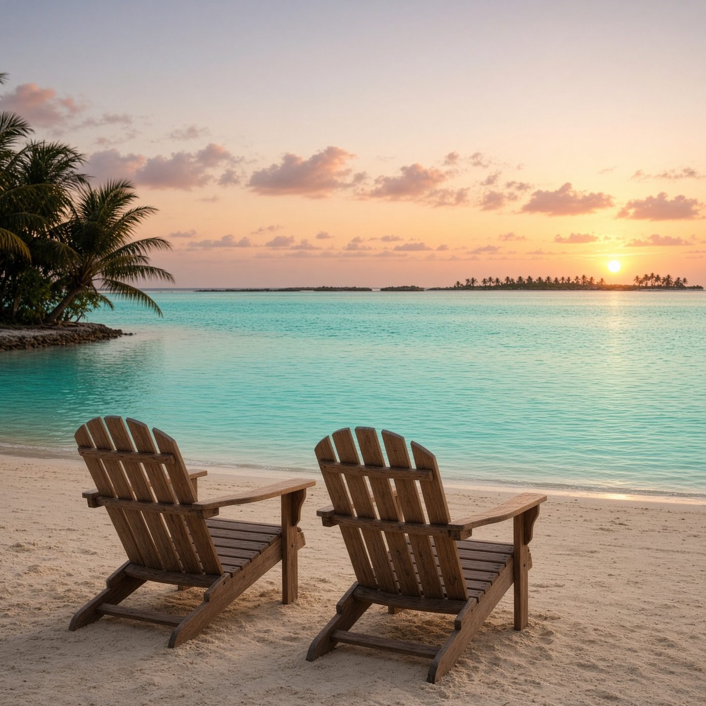 Beach chairs facing a quiet lagoon at sunset