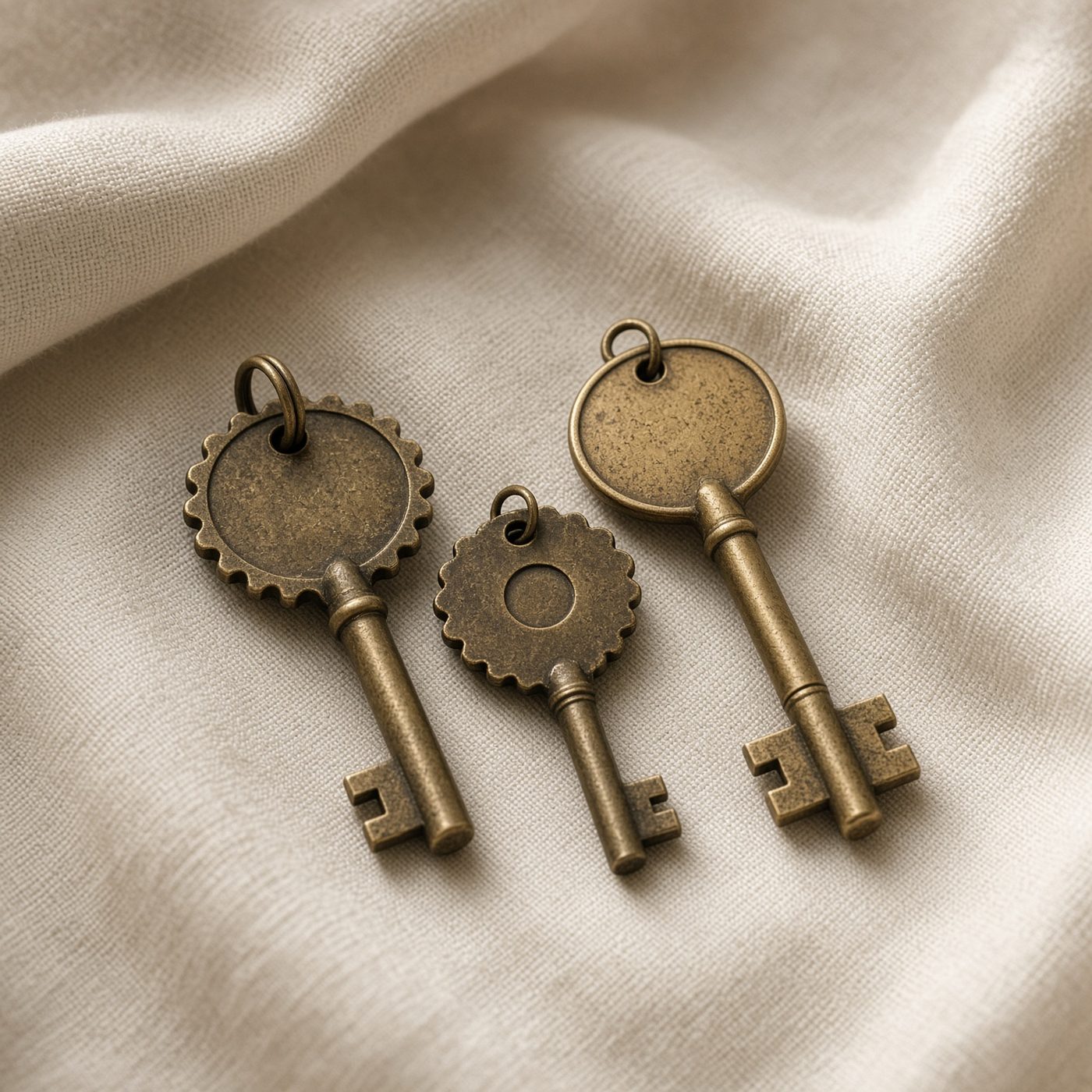 Brass hotel keys on linen