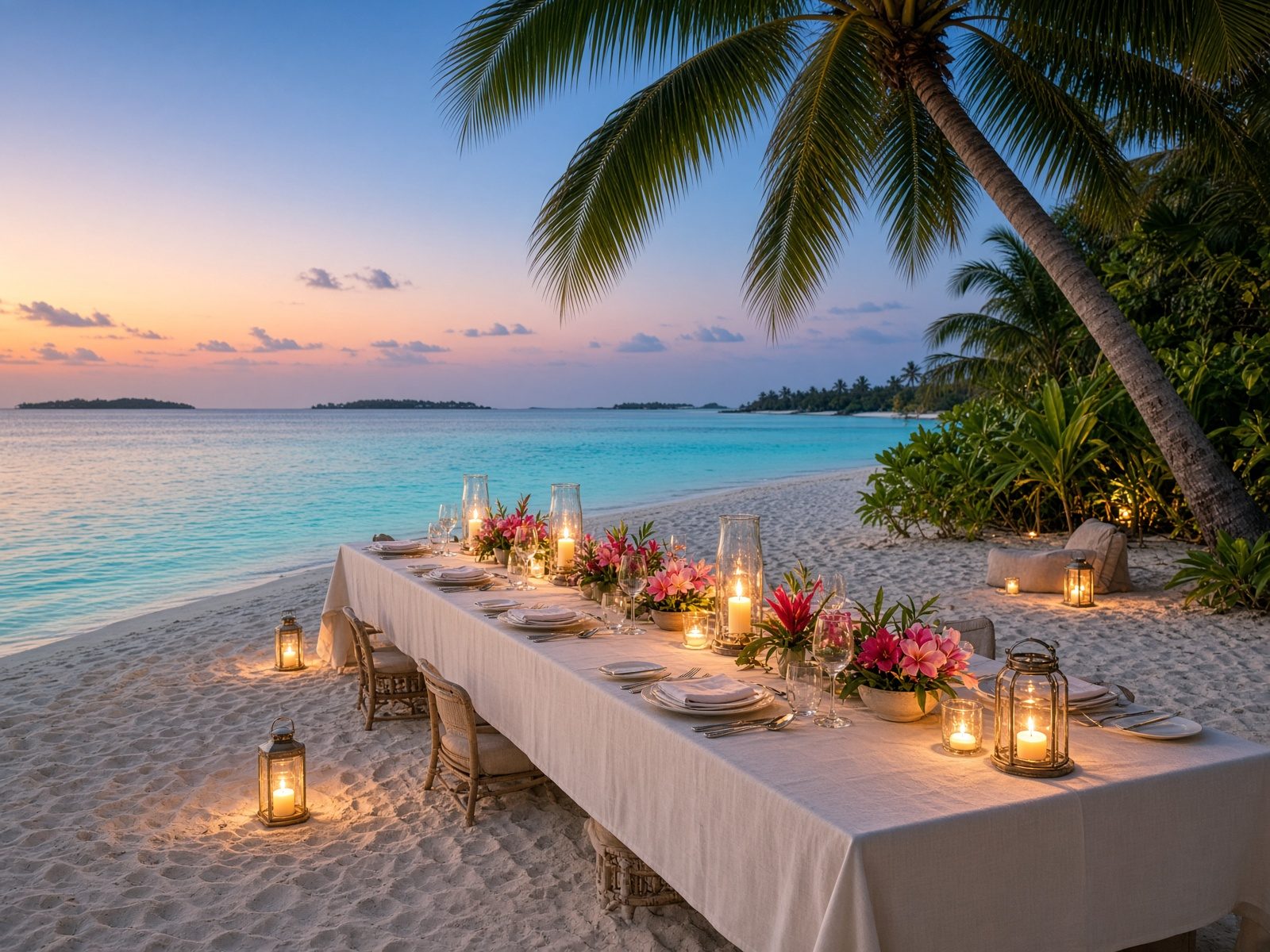 Candlelit beach dinner table at dusk in the Maldives