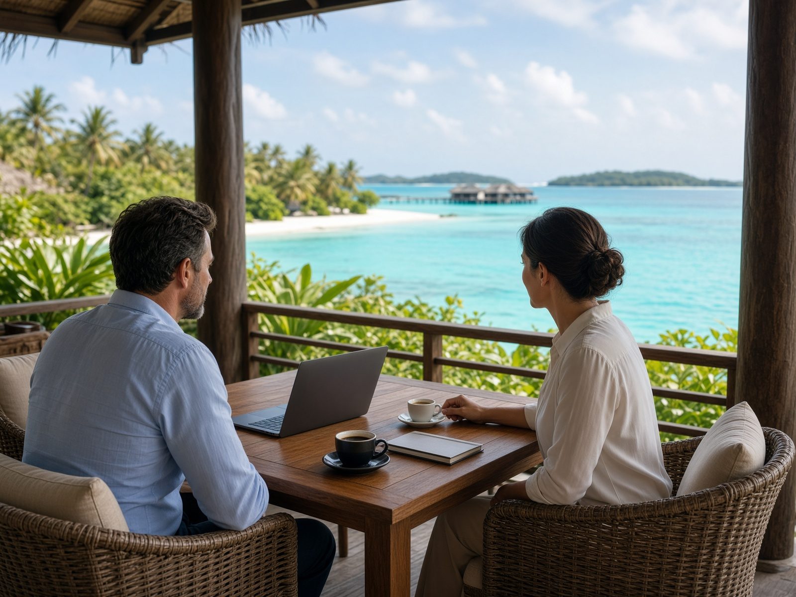 Outdoor working meeting on a resort terrace