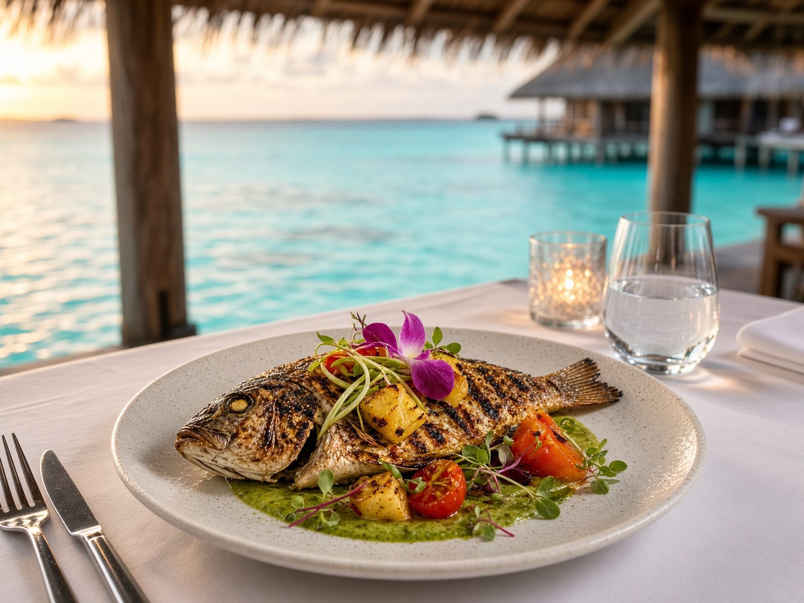 Fine dining seafood at a Maldives overwater restaurant