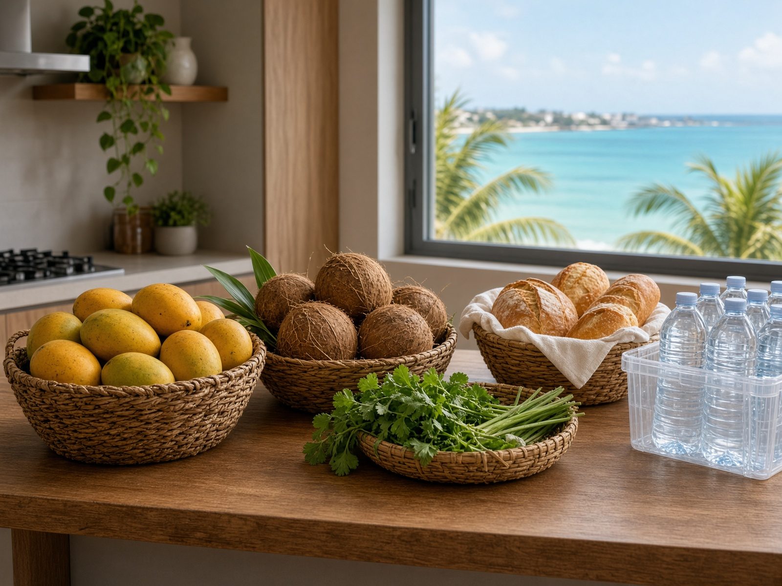 Fresh tropical produce and daily groceries on a kitchen counter