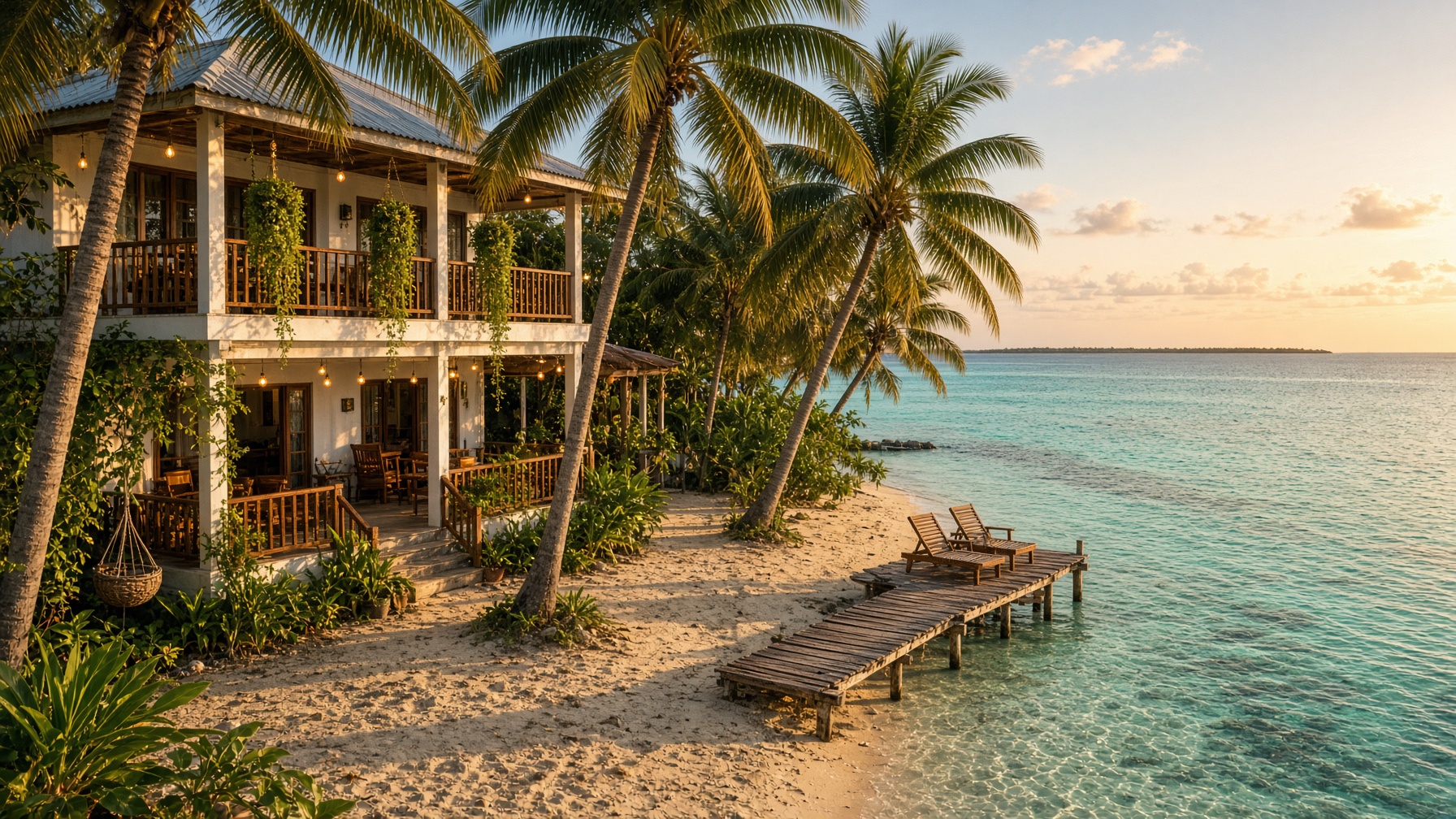 Boutique local-island guesthouse with a wooden jetty over a turquoise lagoon