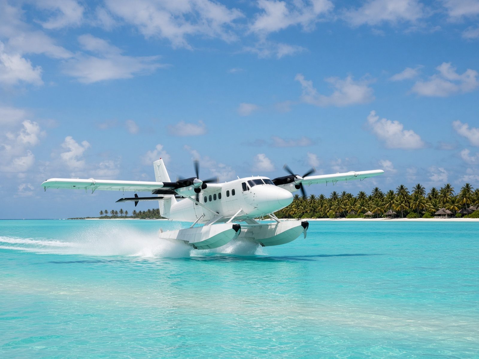 Seaplane taking off from a Maldives lagoon