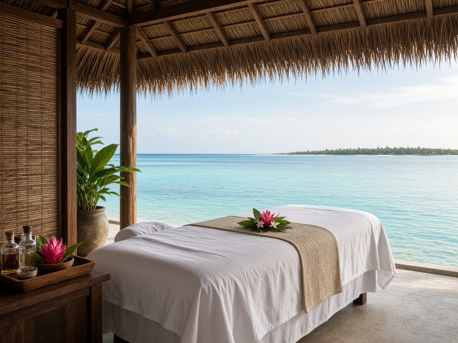 Outdoor spa pavilion overlooking a lagoon