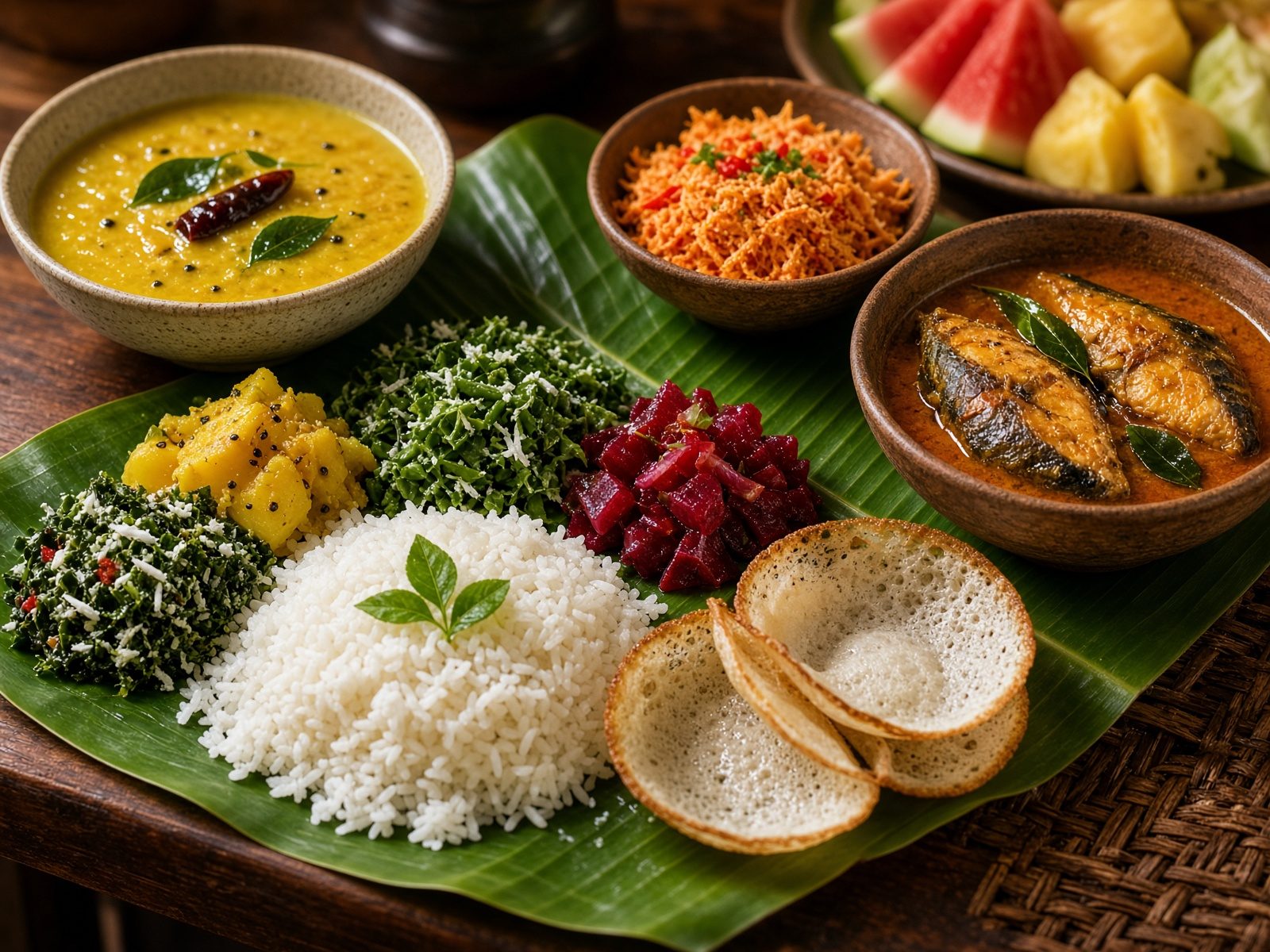 Sri Lankan rice and curry spread with hoppers and sambol